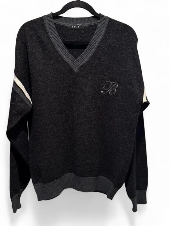 Besle Other - Besle Men's Black V-Neck Sweater with Contrast Stripe